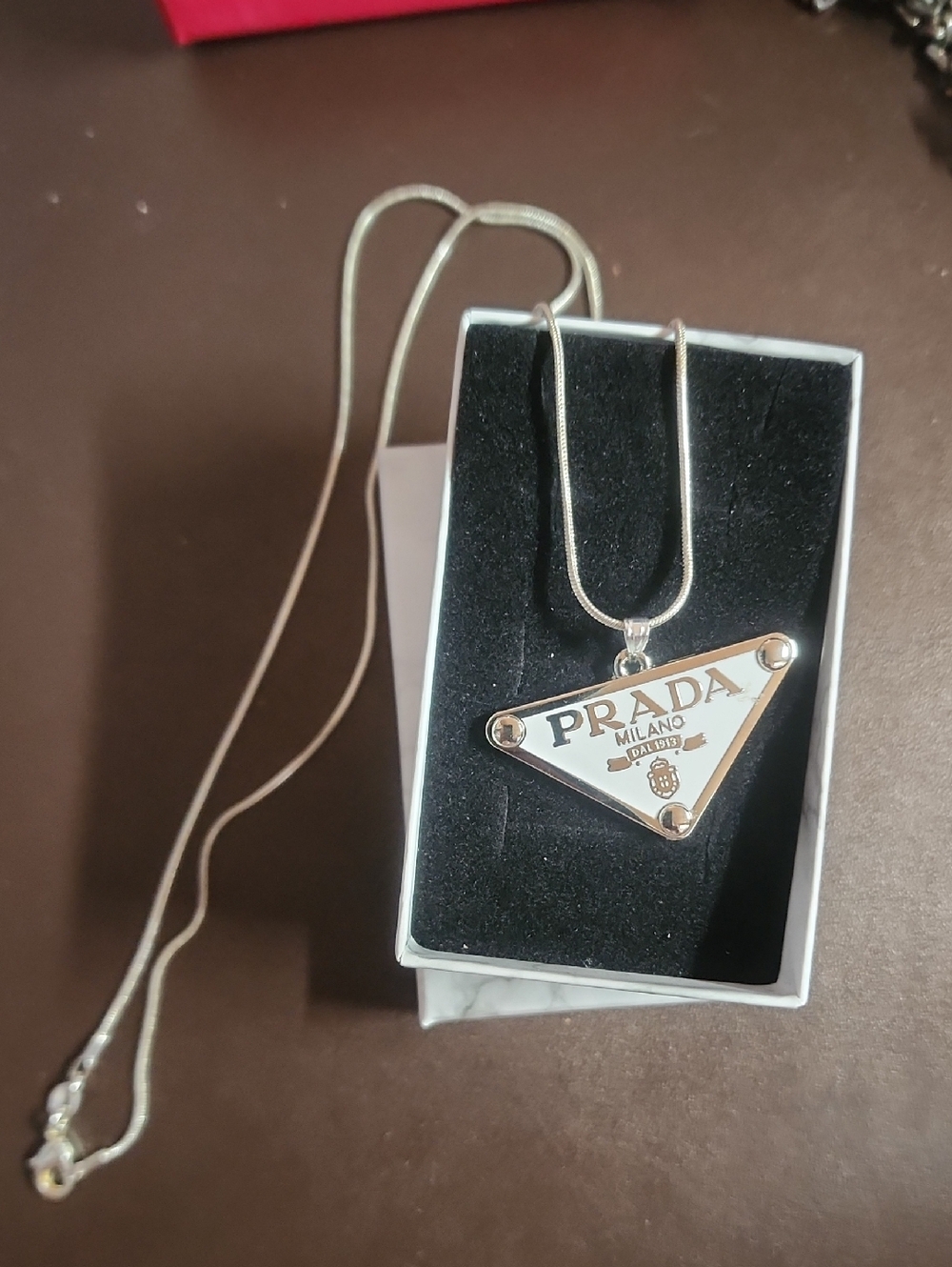 Prada White Enamel Triangle Charm W/added 22" Necklace Marked 925. Reg.# On Back - Picture 5 of 6